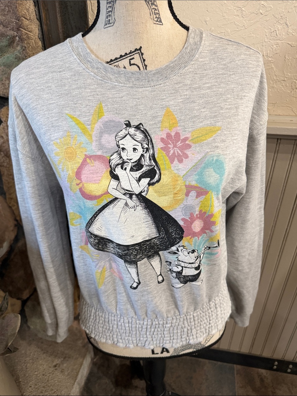 Disney Gray Crewneck Sweater with Alice in Wonderland Floral Graphic